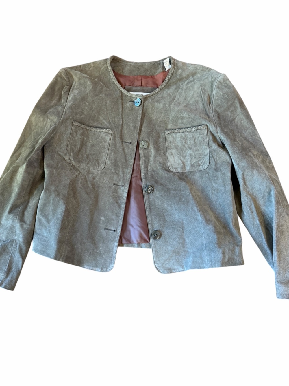 Vintage Sage Taupe Genuine Suede Collarless Jacket, Lord & Taylor